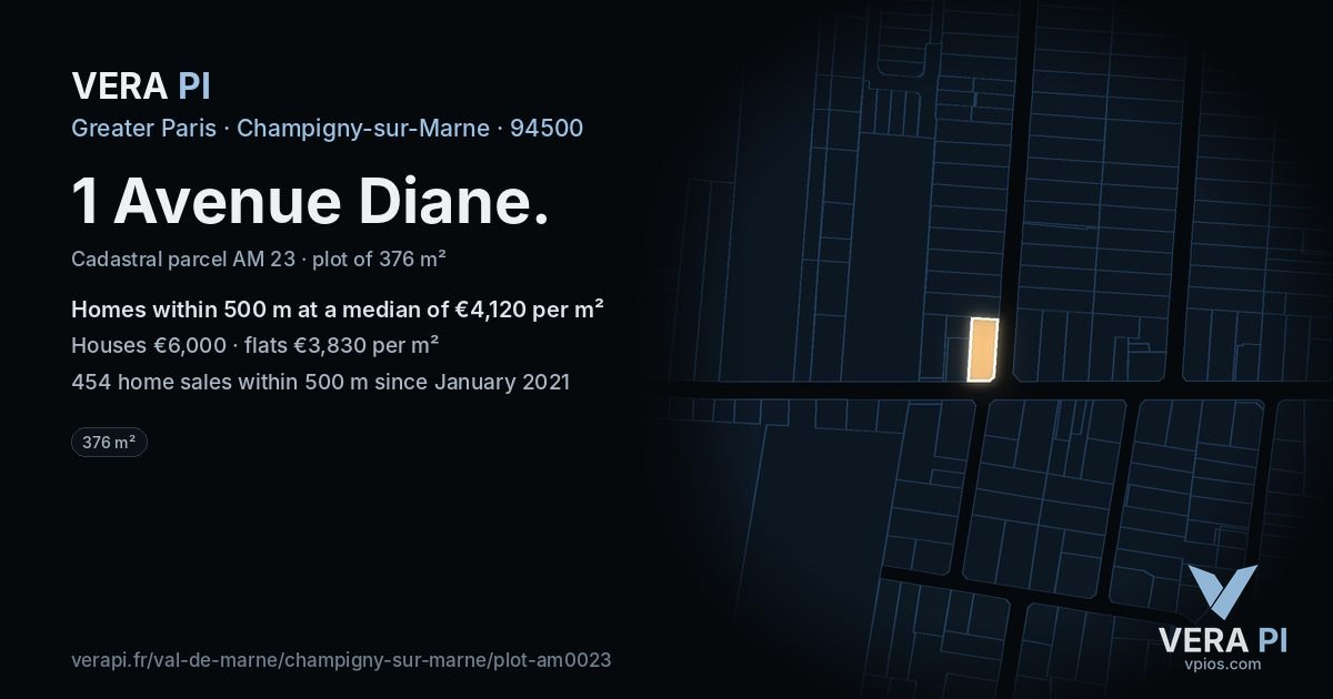 1 Avenue Diane, Champigny-sur-Marne at night – the plot lit, the parcels around coloured by the prices near them