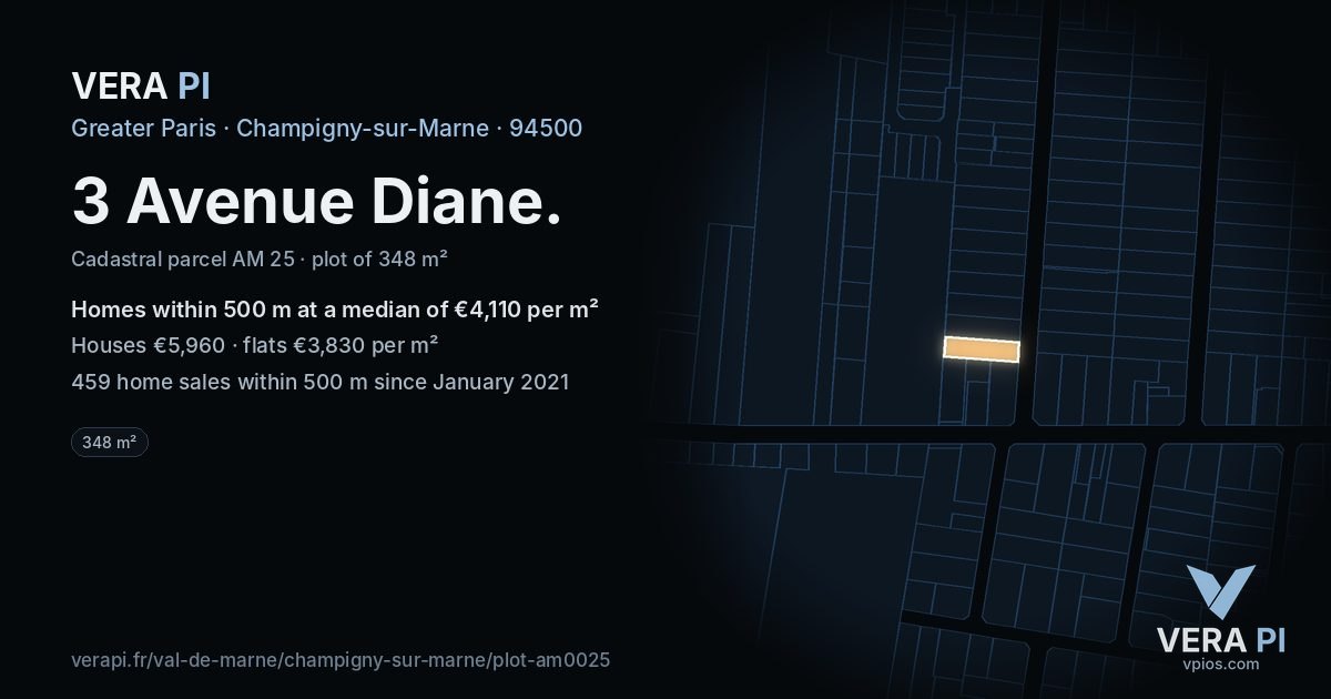 3 Avenue Diane, Champigny-sur-Marne at night – the plot lit, the parcels around coloured by the prices near them