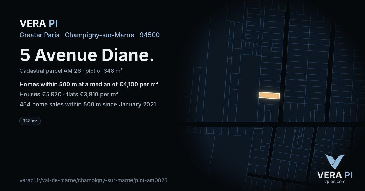 5 Avenue Diane, Champigny-sur-Marne at night – the plot lit, the parcels around coloured by the prices near them