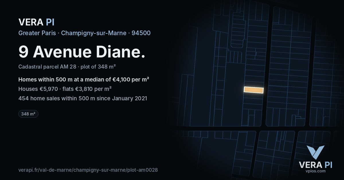 9 Avenue Diane, Champigny-sur-Marne at night – the plot lit, the parcels around coloured by the prices near them