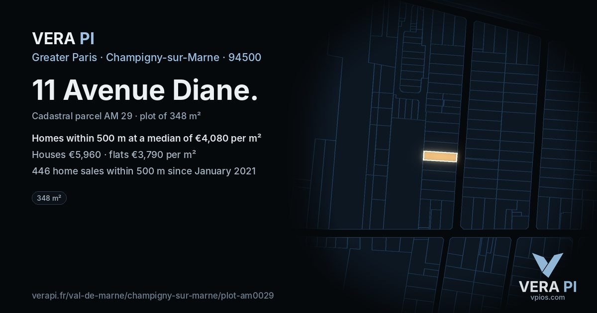 11 Avenue Diane, Champigny-sur-Marne at night – the plot lit, the parcels around coloured by the prices near them