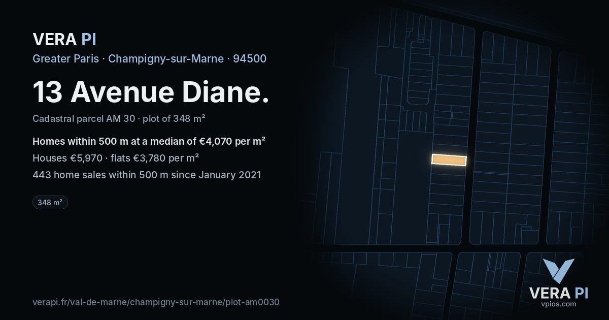 13 Avenue Diane, Champigny-sur-Marne at night – the plot lit, the parcels around coloured by the prices near them