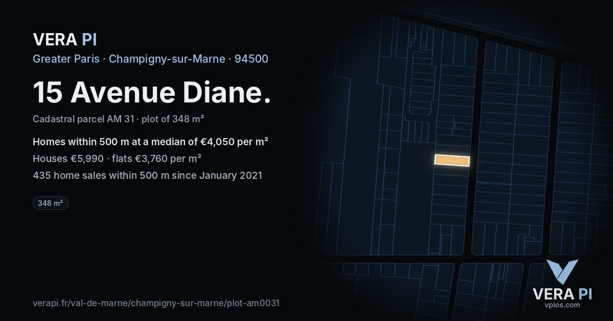 15 Avenue Diane, Champigny-sur-Marne at night – the plot lit, the parcels around coloured by the prices near them