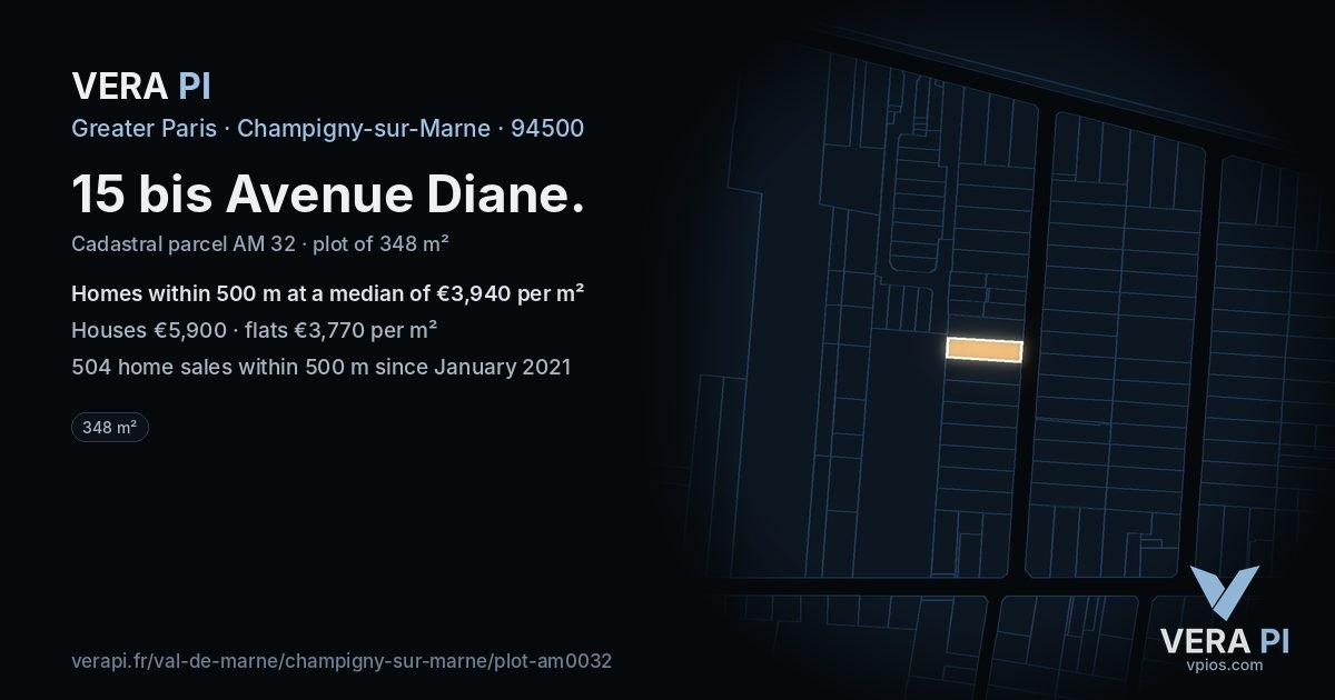 15 bis Avenue Diane, Champigny-sur-Marne at night – the plot lit, the parcels around coloured by the prices near them