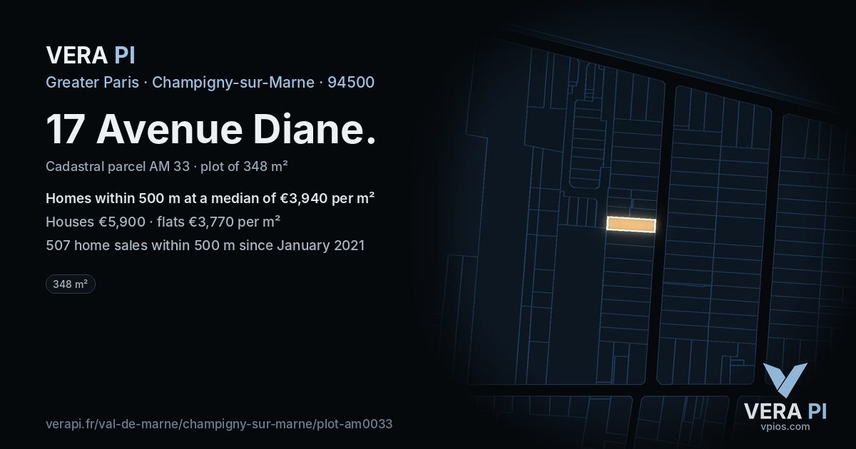 17 Avenue Diane, Champigny-sur-Marne at night – the plot lit, the parcels around coloured by the prices near them