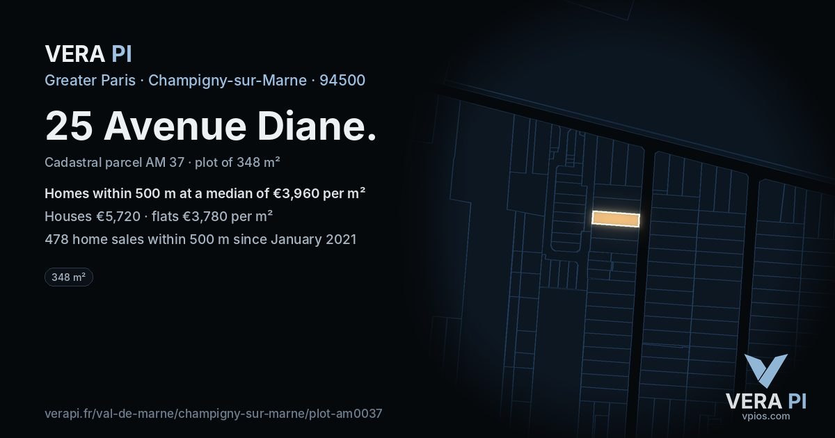25 Avenue Diane, Champigny-sur-Marne at night – the plot lit, the parcels around coloured by the prices near them