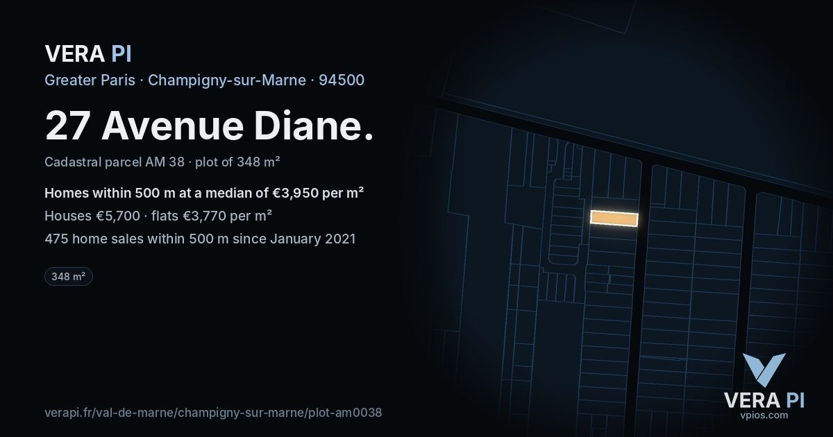 27 Avenue Diane, Champigny-sur-Marne at night – the plot lit, the parcels around coloured by the prices near them