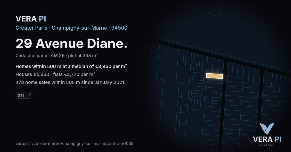 29 Avenue Diane, Champigny-sur-Marne at night – the plot lit, the parcels around coloured by the prices near them