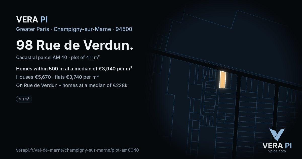 98 Rue de Verdun, Champigny-sur-Marne at night – the plot lit, the parcels around coloured by the prices near them