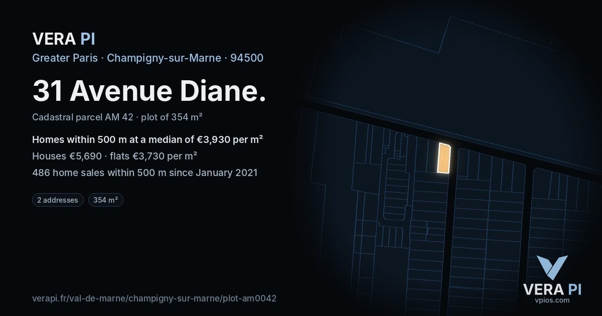 31 Avenue Diane, Champigny-sur-Marne at night – the plot lit, the parcels around coloured by the prices near them