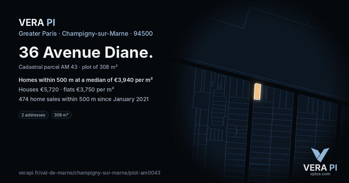36 Avenue Diane, Champigny-sur-Marne at night – the plot lit, the parcels around coloured by the prices near them