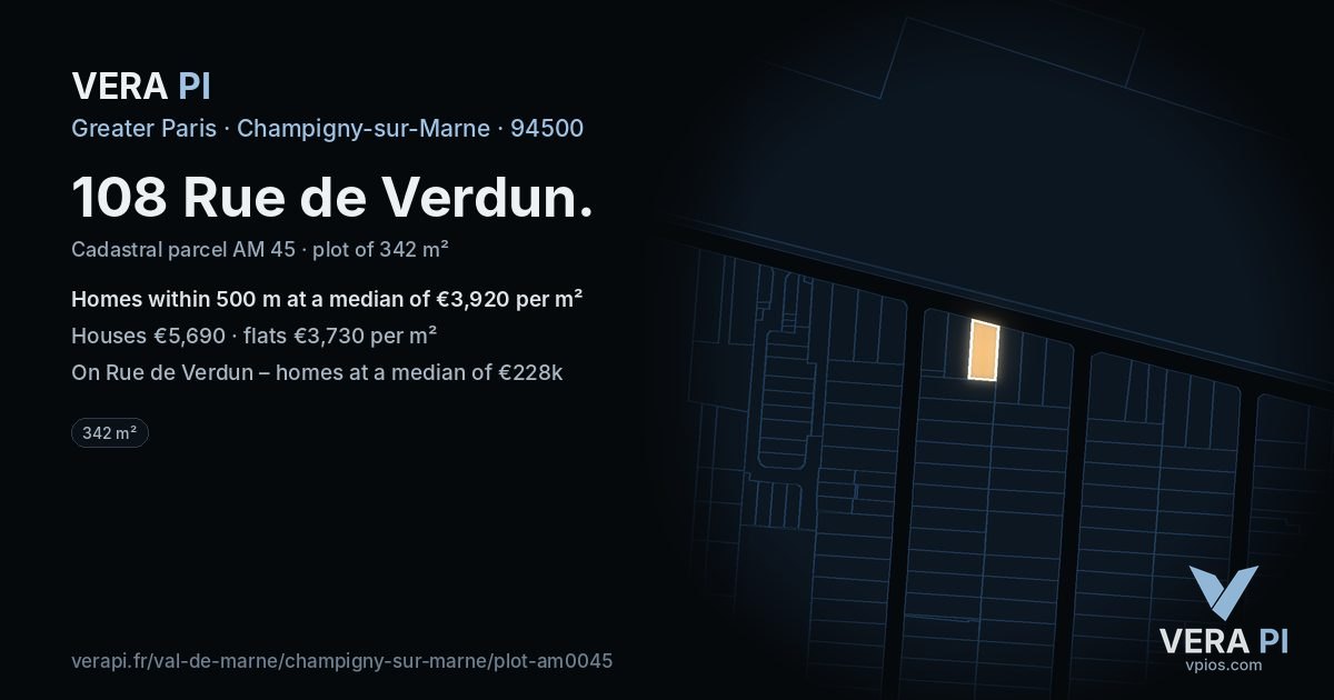 108 Rue de Verdun, Champigny-sur-Marne at night – the plot lit, the parcels around coloured by the prices near them