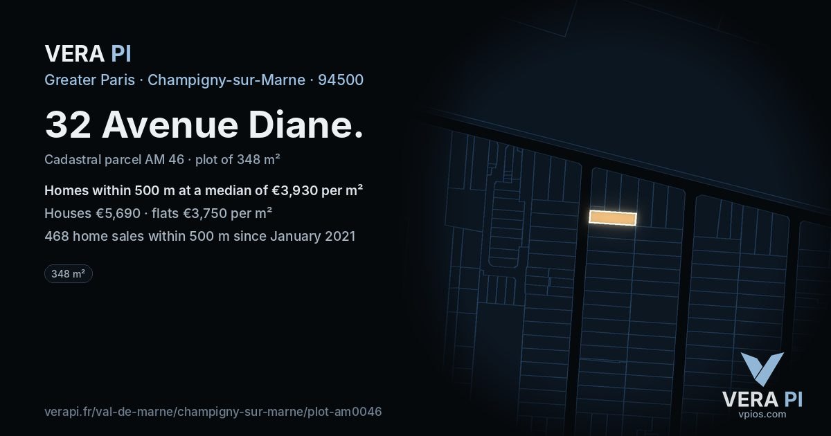 32 Avenue Diane, Champigny-sur-Marne at night – the plot lit, the parcels around coloured by the prices near them