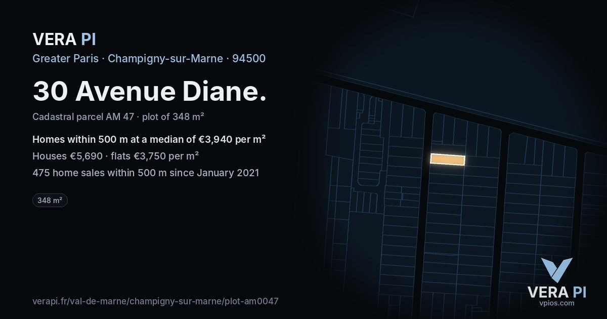 30 Avenue Diane, Champigny-sur-Marne at night – the plot lit, the parcels around coloured by the prices near them