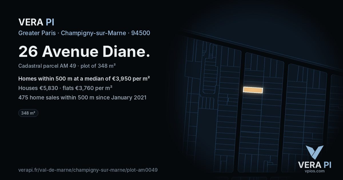 26 Avenue Diane, Champigny-sur-Marne at night – the plot lit, the parcels around coloured by the prices near them
