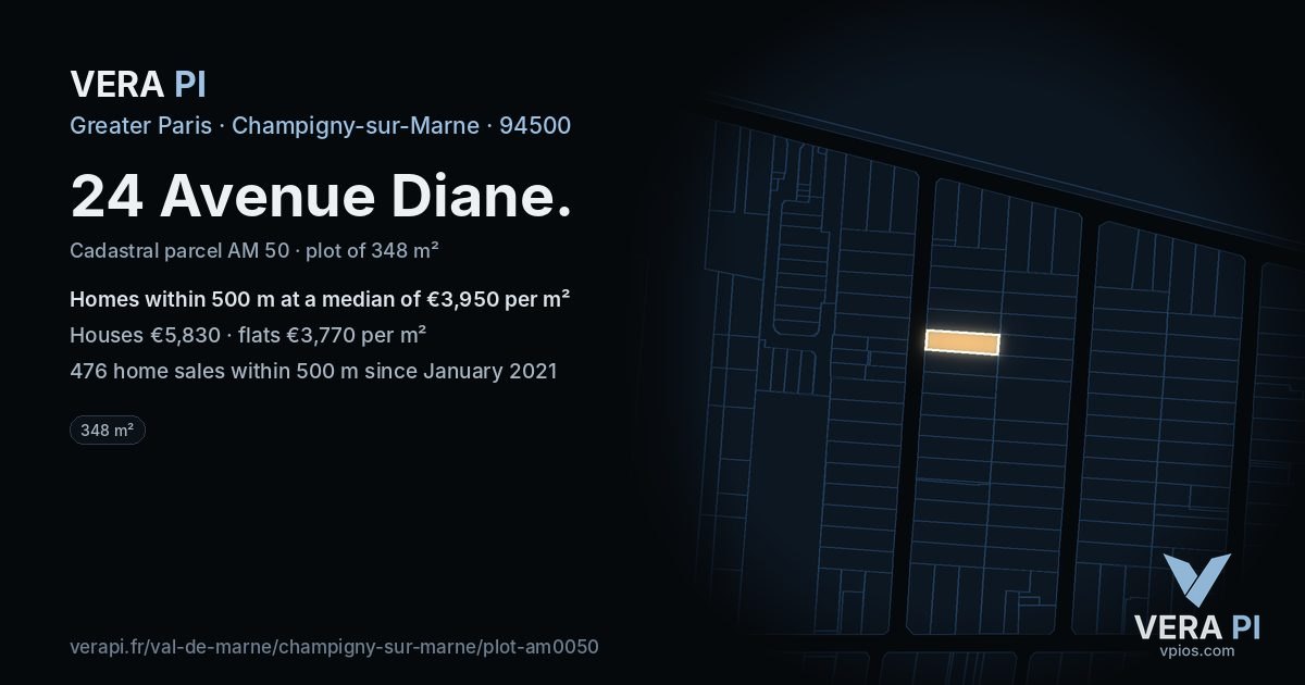 24 Avenue Diane, Champigny-sur-Marne at night – the plot lit, the parcels around coloured by the prices near them
