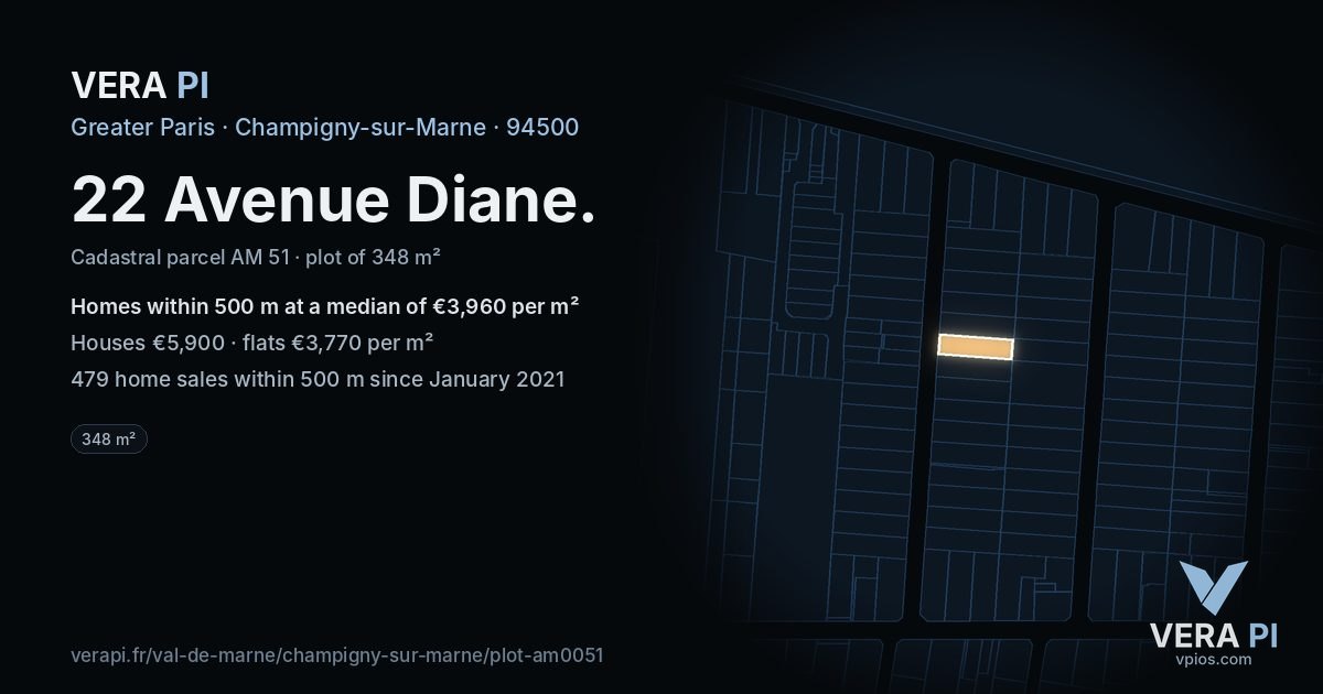 22 Avenue Diane, Champigny-sur-Marne at night – the plot lit, the parcels around coloured by the prices near them