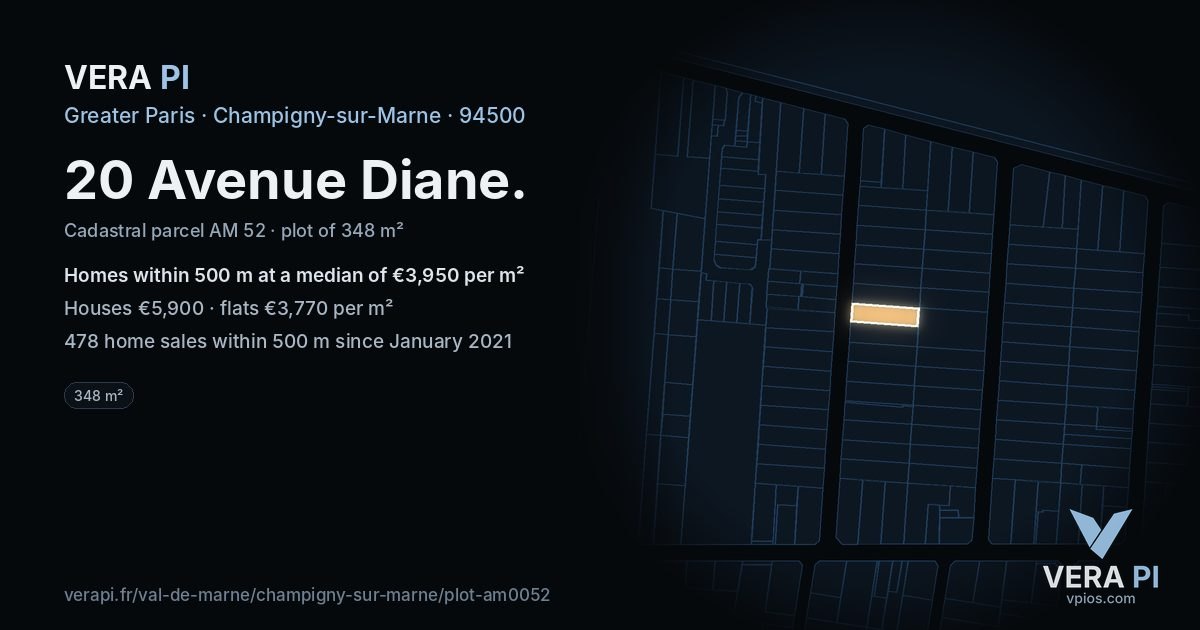 20 Avenue Diane, Champigny-sur-Marne at night – the plot lit, the parcels around coloured by the prices near them