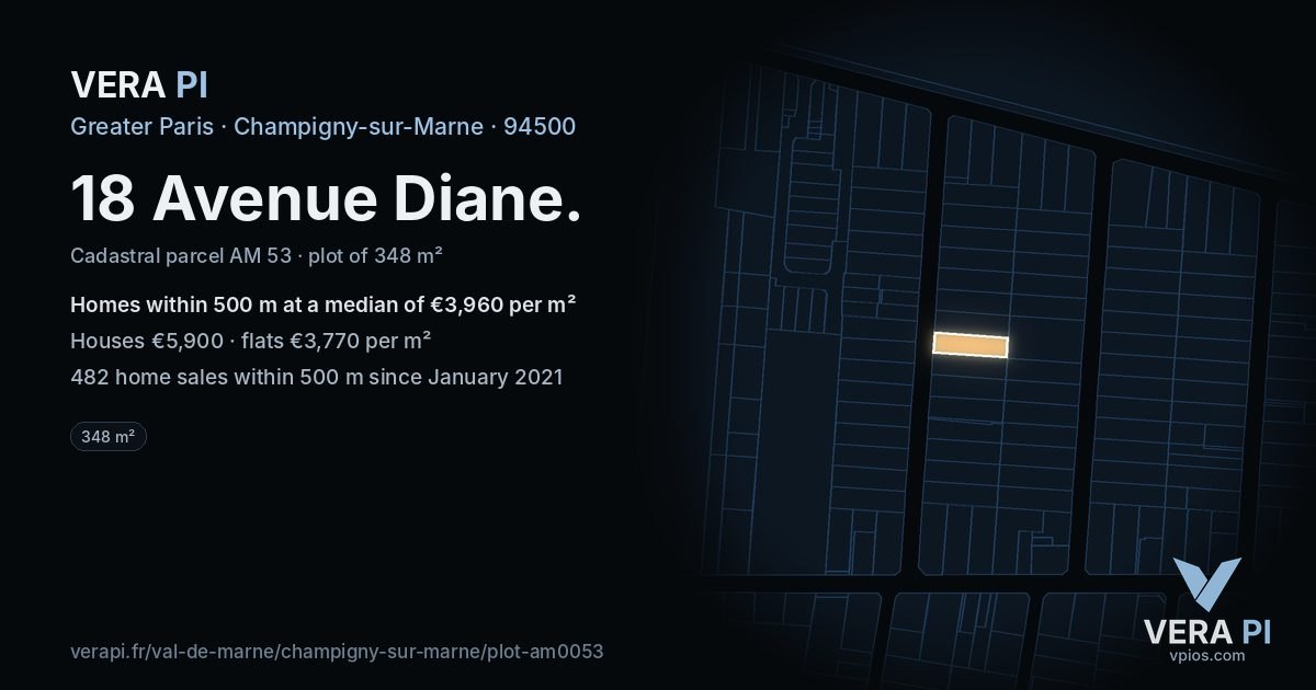 18 Avenue Diane, Champigny-sur-Marne at night – the plot lit, the parcels around coloured by the prices near them