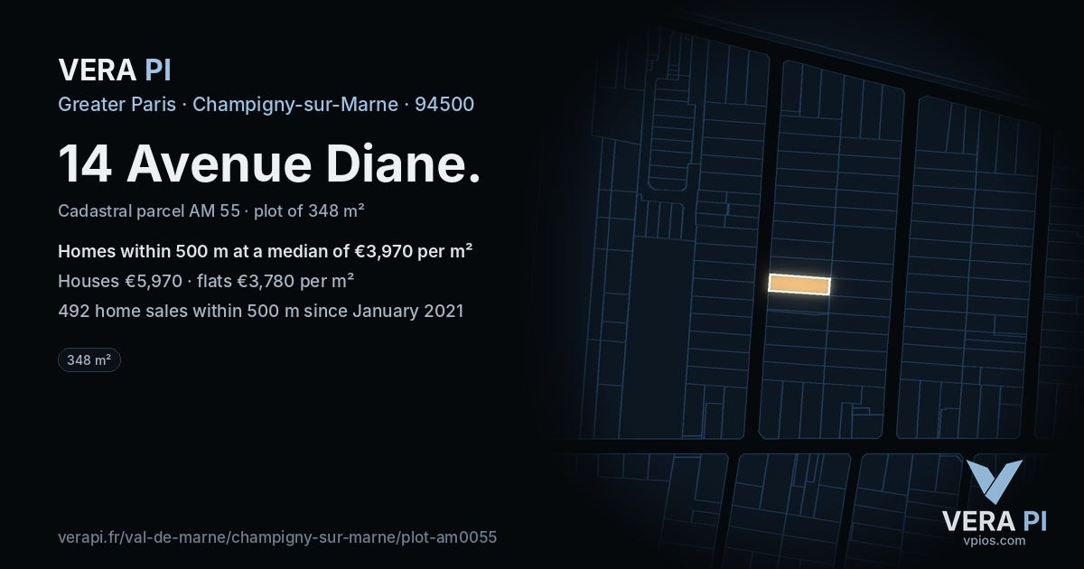 14 Avenue Diane, Champigny-sur-Marne at night – the plot lit, the parcels around coloured by the prices near them