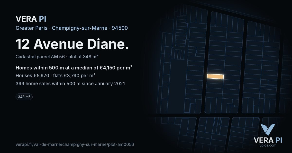 12 Avenue Diane, Champigny-sur-Marne at night – the plot lit, the parcels around coloured by the prices near them