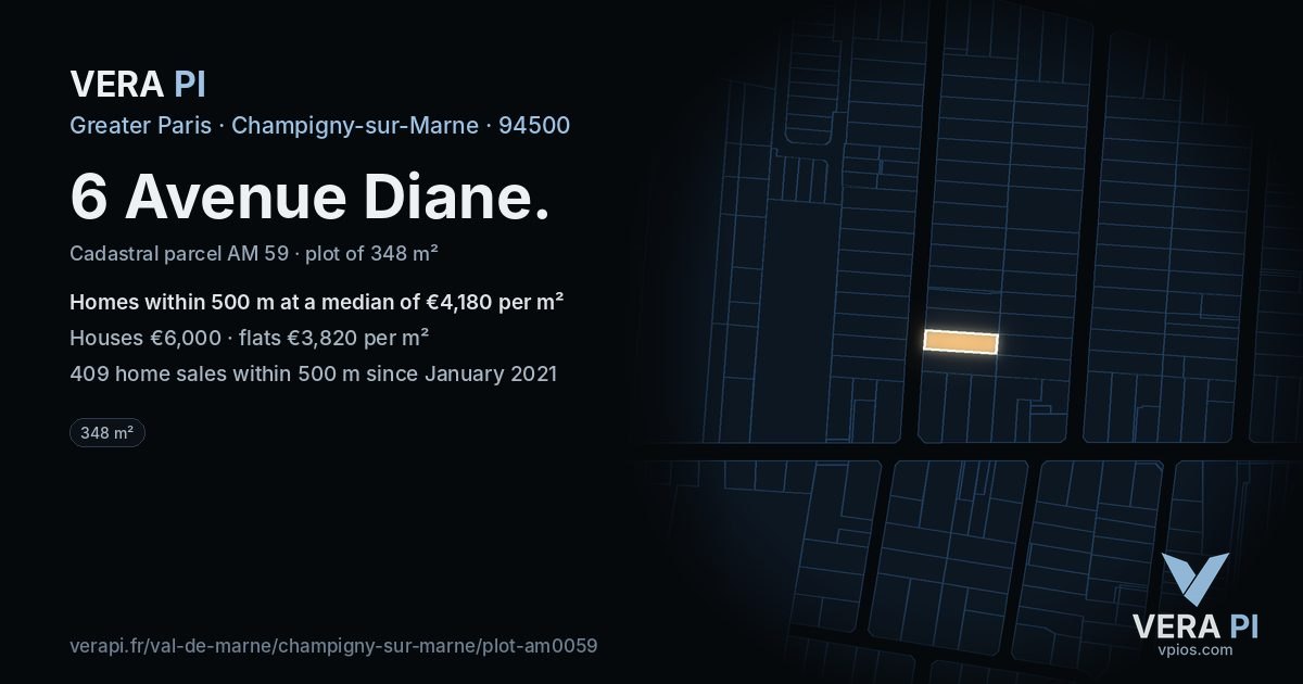 6 Avenue Diane, Champigny-sur-Marne at night – the plot lit, the parcels around coloured by the prices near them