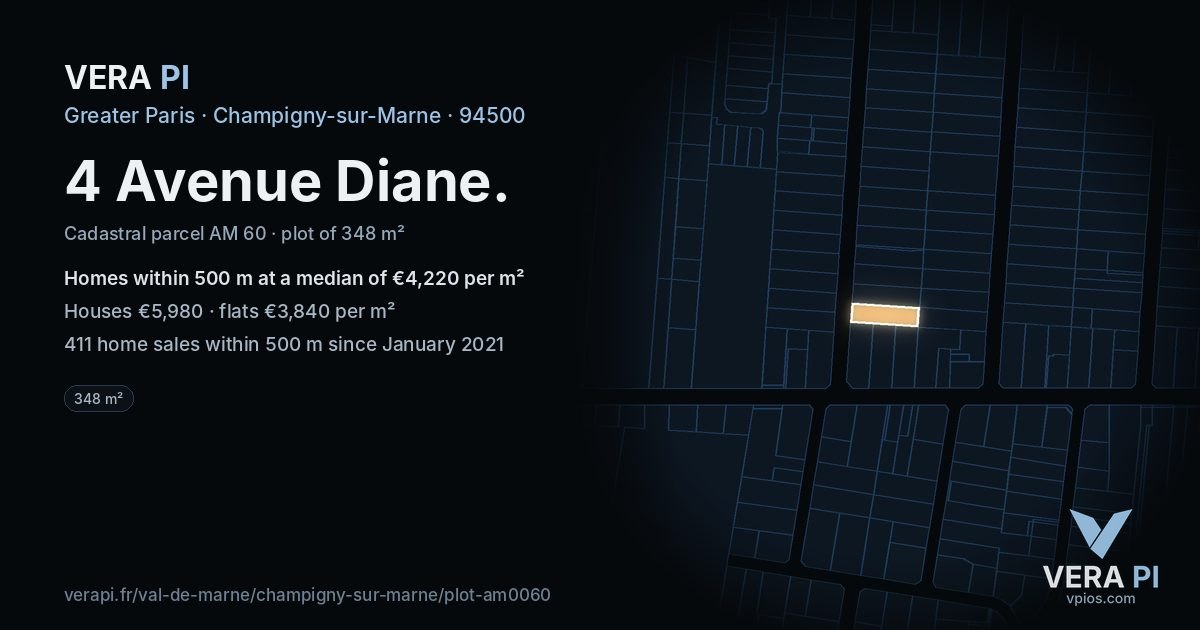 4 Avenue Diane, Champigny-sur-Marne at night – the plot lit, the parcels around coloured by the prices near them