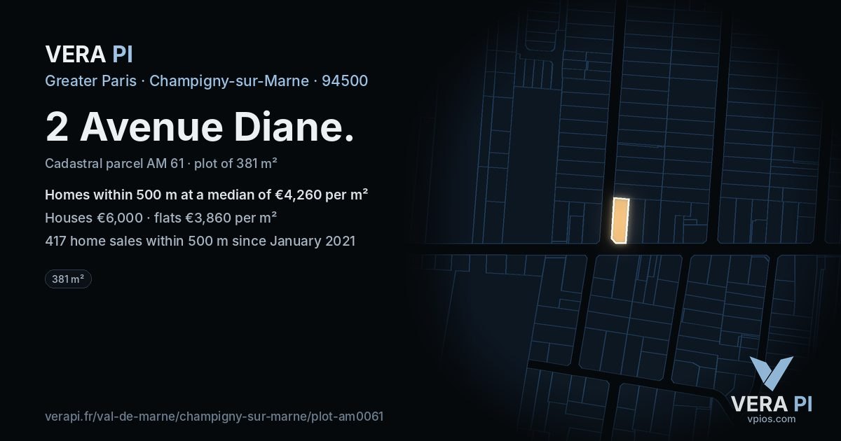 2 Avenue Diane, Champigny-sur-Marne at night – the plot lit, the parcels around coloured by the prices near them