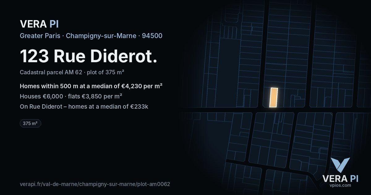 123 Rue Diderot, Champigny-sur-Marne at night – the plot lit, the parcels around coloured by the prices near them