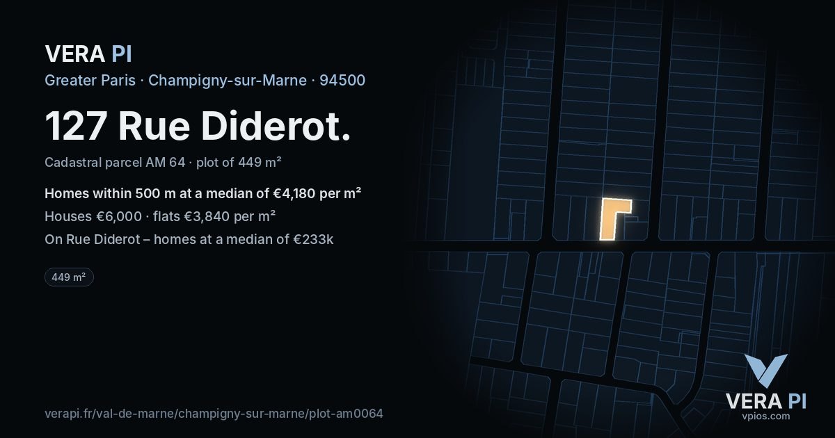127 Rue Diderot, Champigny-sur-Marne at night – the plot lit, the parcels around coloured by the prices near them