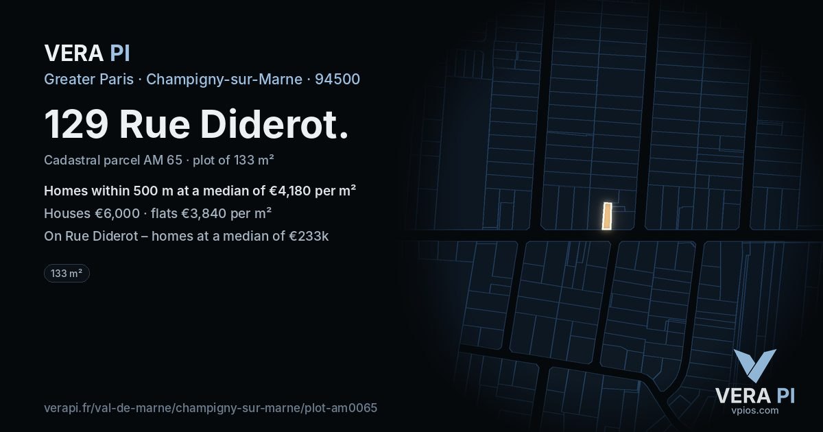 129 Rue Diderot, Champigny-sur-Marne at night – the plot lit, the parcels around coloured by the prices near them