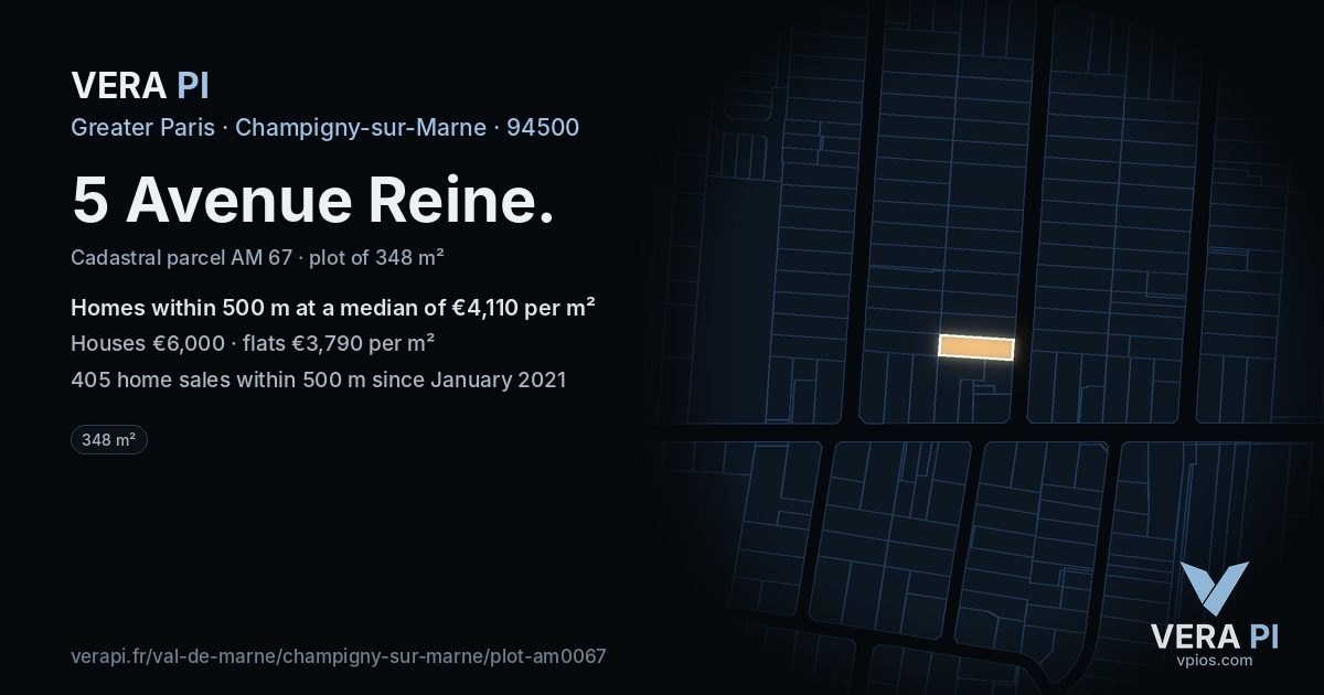 5 Avenue Reine, Champigny-sur-Marne at night – the plot lit, the parcels around coloured by the prices near them