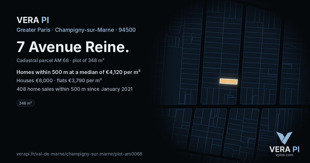 7 Avenue Reine, Champigny-sur-Marne at night – the plot lit, the parcels around coloured by the prices near them