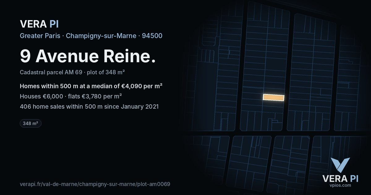 9 Avenue Reine, Champigny-sur-Marne at night – the plot lit, the parcels around coloured by the prices near them