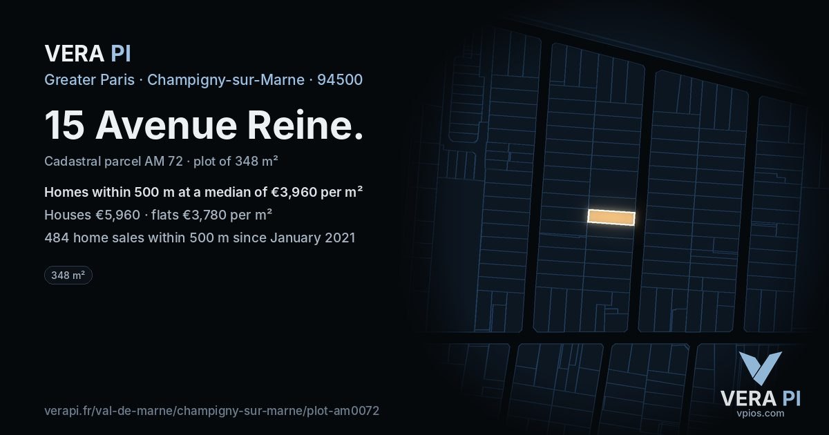 15 Avenue Reine, Champigny-sur-Marne at night – the plot lit, the parcels around coloured by the prices near them