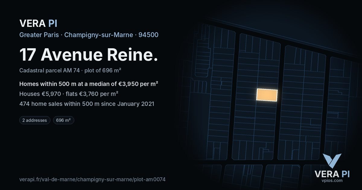 17 Avenue Reine, Champigny-sur-Marne at night – the plot lit, the parcels around coloured by the prices near them