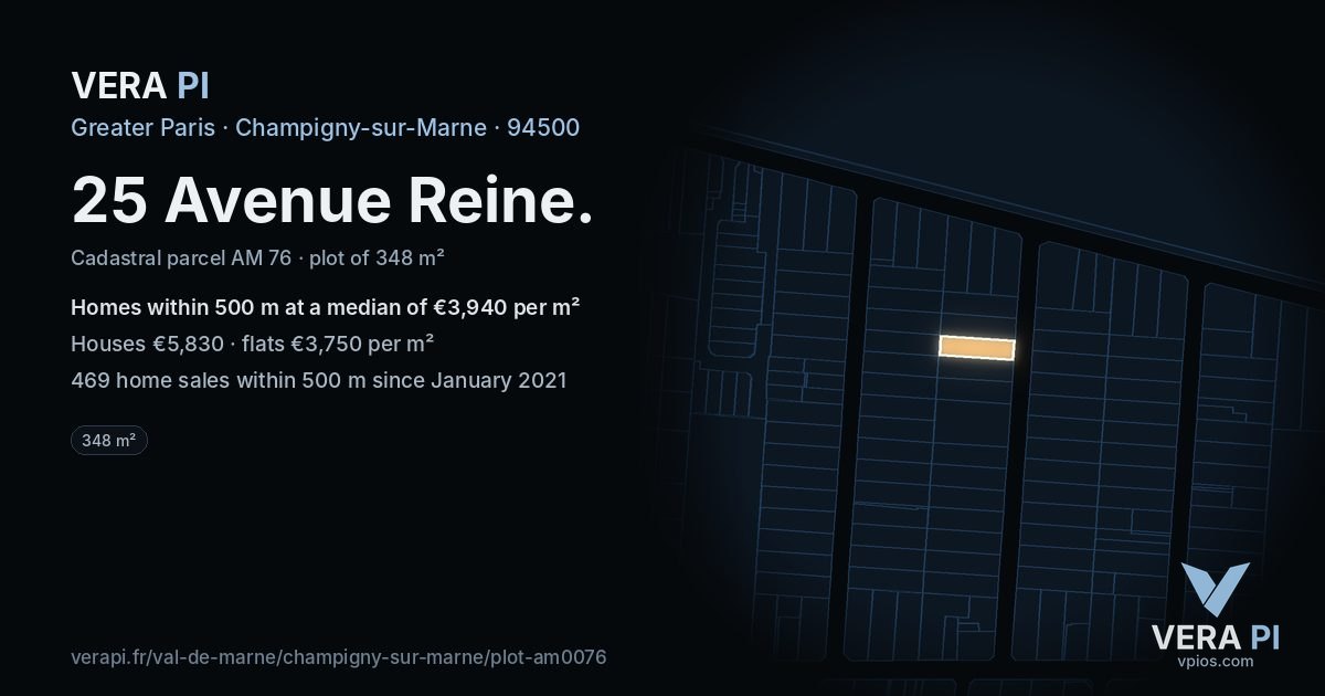 25 Avenue Reine, Champigny-sur-Marne at night – the plot lit, the parcels around coloured by the prices near them