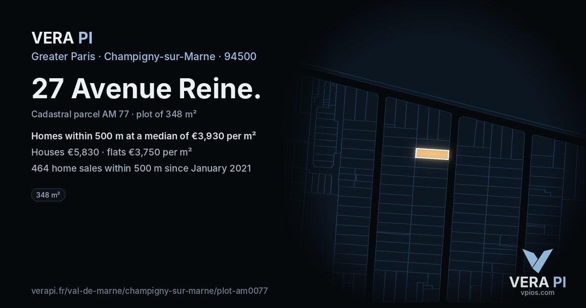 27 Avenue Reine, Champigny-sur-Marne at night – the plot lit, the parcels around coloured by the prices near them
