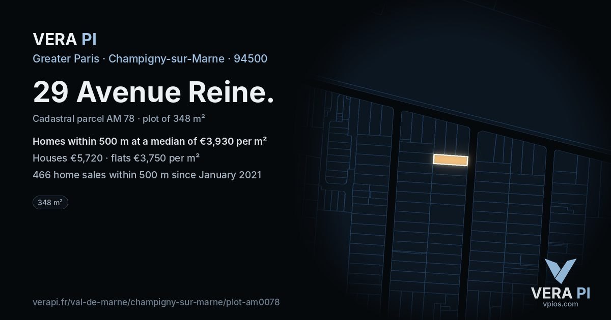 29 Avenue Reine, Champigny-sur-Marne at night – the plot lit, the parcels around coloured by the prices near them