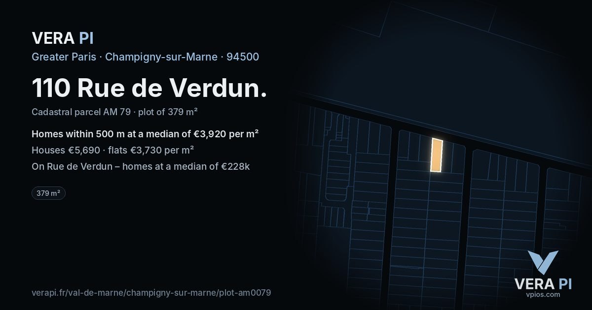 110 Rue de Verdun, Champigny-sur-Marne at night – the plot lit, the parcels around coloured by the prices near them