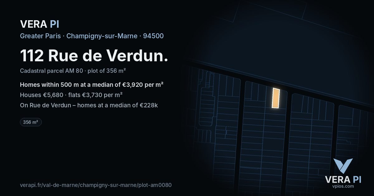 112 Rue de Verdun, Champigny-sur-Marne at night – the plot lit, the parcels around coloured by the prices near them