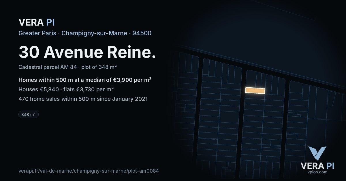 30 Avenue Reine, Champigny-sur-Marne at night – the plot lit, the parcels around coloured by the prices near them