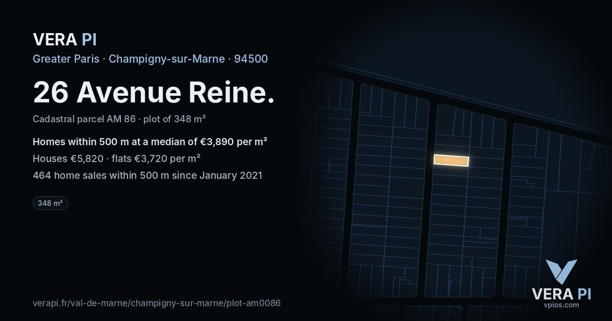 26 Avenue Reine, Champigny-sur-Marne at night – the plot lit, the parcels around coloured by the prices near them