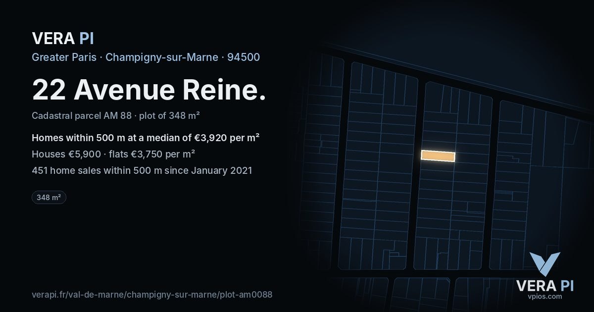 22 Avenue Reine, Champigny-sur-Marne at night – the plot lit, the parcels around coloured by the prices near them