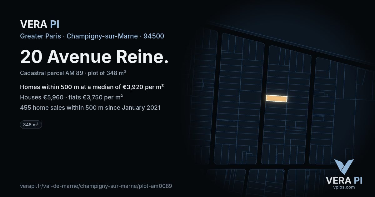 20 Avenue Reine, Champigny-sur-Marne at night – the plot lit, the parcels around coloured by the prices near them