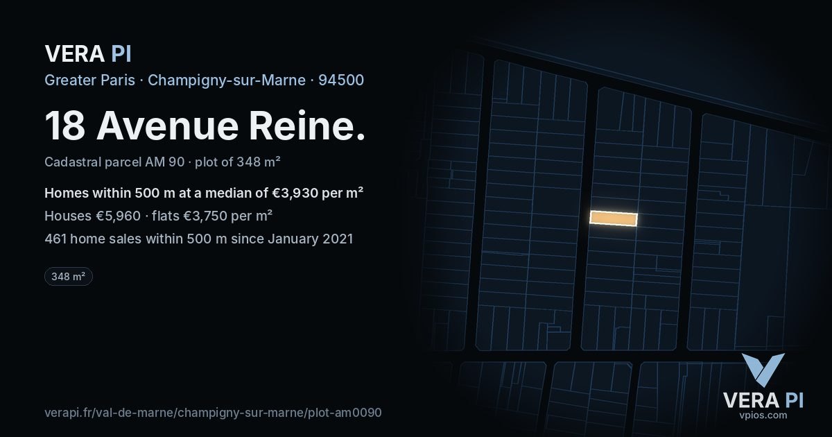 18 Avenue Reine, Champigny-sur-Marne at night – the plot lit, the parcels around coloured by the prices near them