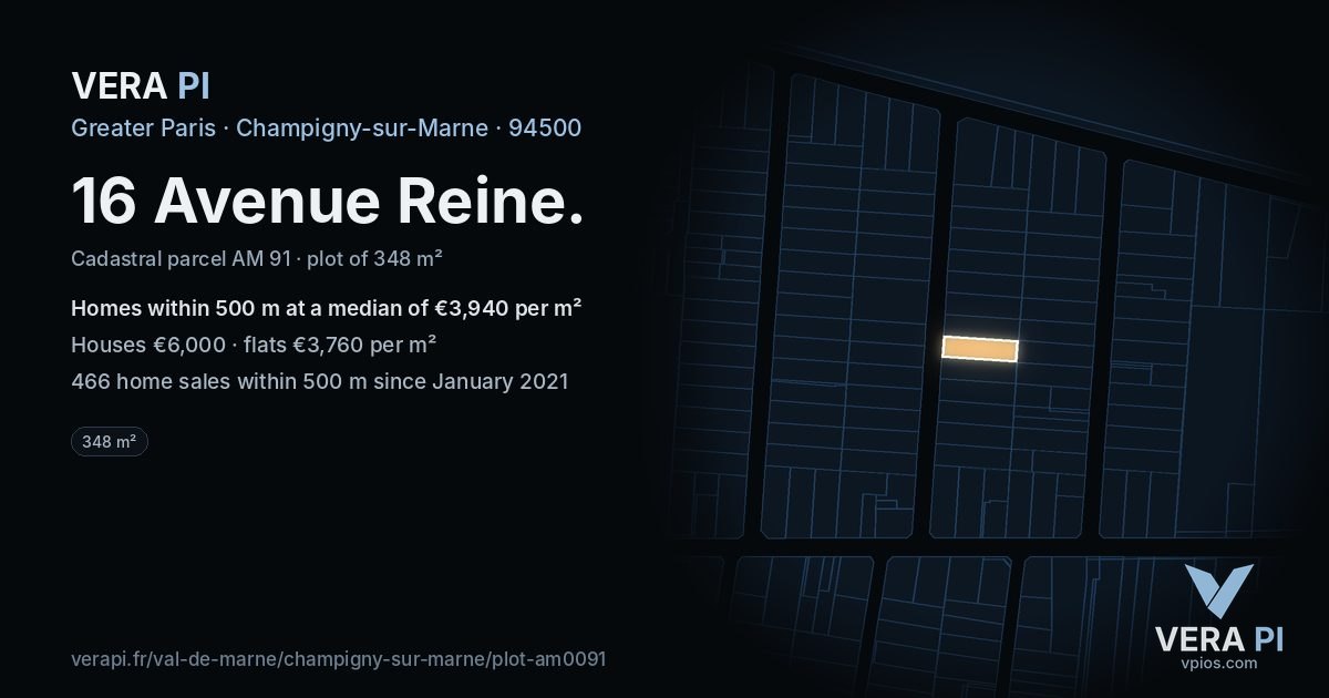 16 Avenue Reine, Champigny-sur-Marne at night – the plot lit, the parcels around coloured by the prices near them