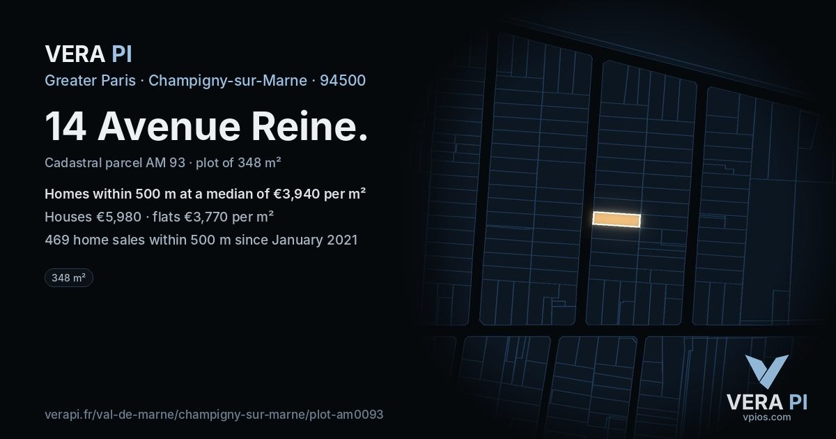 14 Avenue Reine, Champigny-sur-Marne at night – the plot lit, the parcels around coloured by the prices near them
