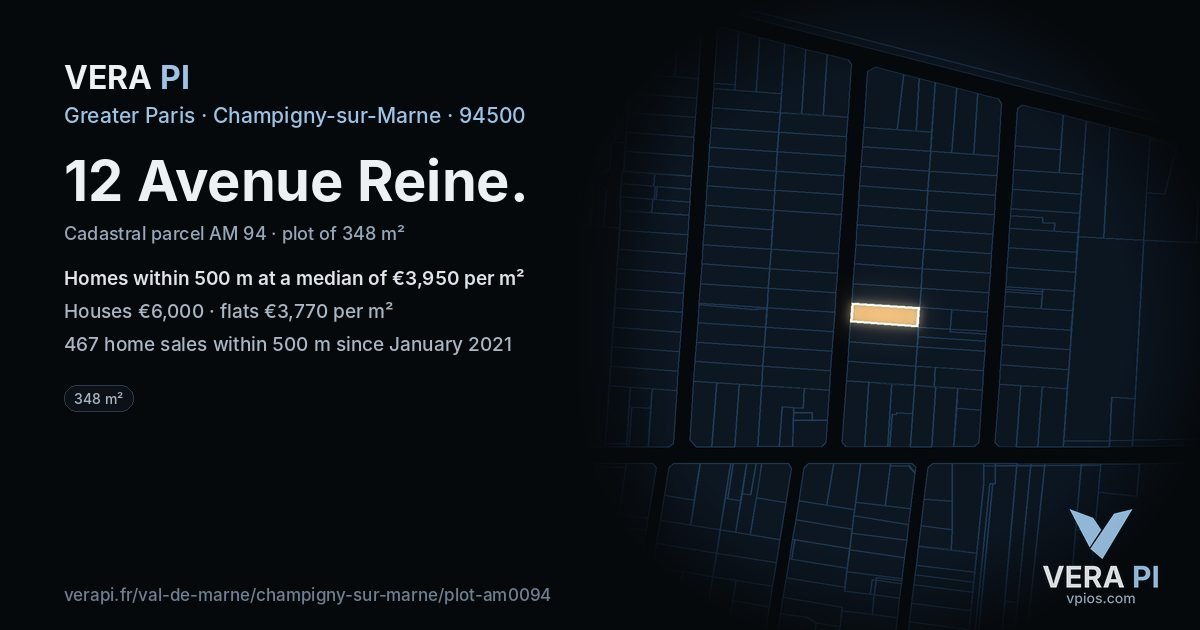 12 Avenue Reine, Champigny-sur-Marne at night – the plot lit, the parcels around coloured by the prices near them