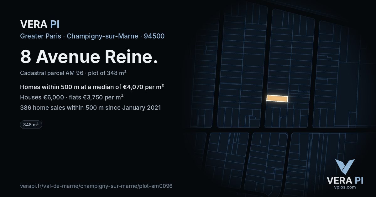 8 Avenue Reine, Champigny-sur-Marne at night – the plot lit, the parcels around coloured by the prices near them